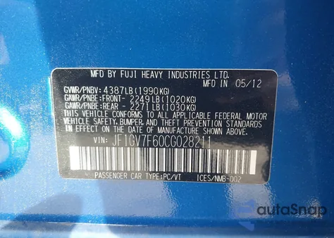 2012 Subaru Impreza Wrx Premium z USA, uszkodzony, nr VIN JF1GV7F60CG028211